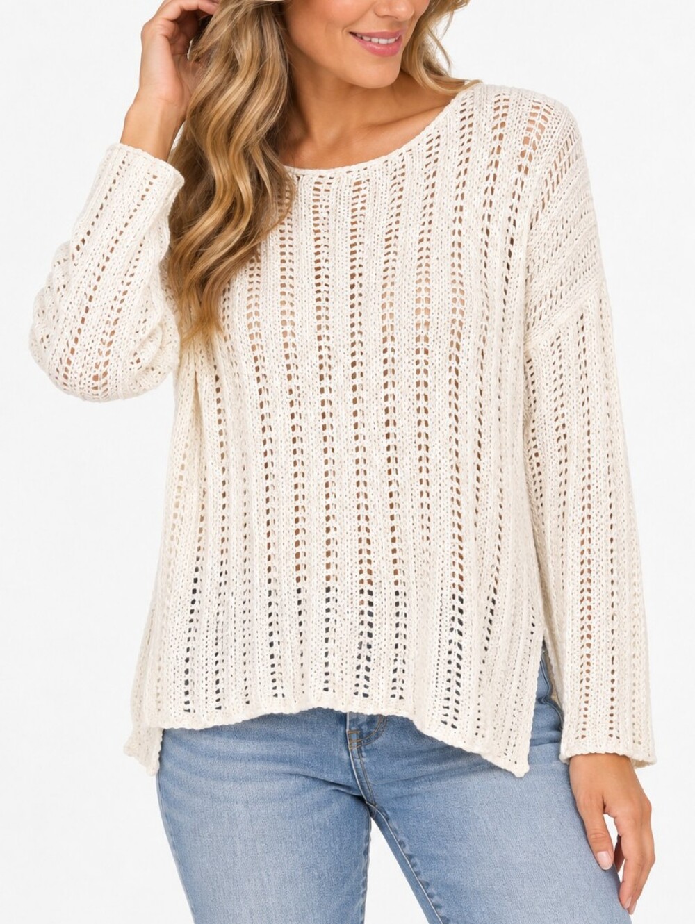 O&O White Open-Knit Lace Long-Sleeve Layering Sweater – Small